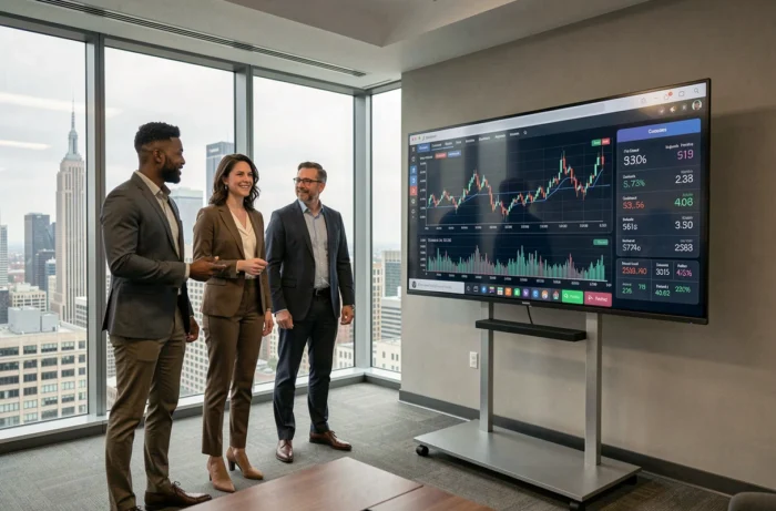 Équipe de professionnels discutant des nouvelles tendances business devant un écran interactif en salle de réunion