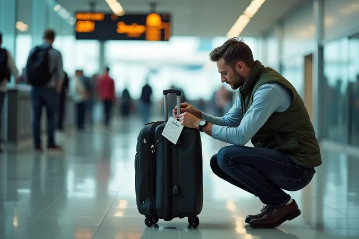 Homme attachant une étiquette de bagage imprimée à un sac à dos dans un terminal d'aéroport