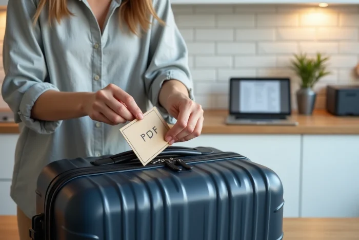 Femme attachant une étiquette de bagage imprimée en PDF sur une valise bleue dans une cuisine moderne