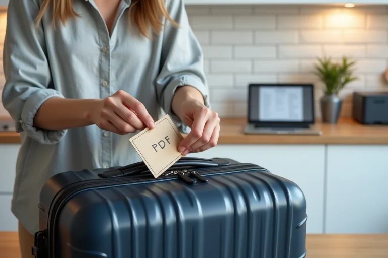 Femme attachant une étiquette de bagage imprimée en PDF sur une valise bleue dans une cuisine moderne