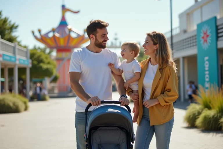 Famille souriante devant un manège à Futuroscope en été