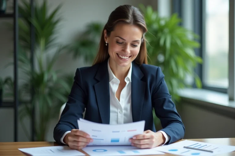 Femme d'affaires en blazer bleu examinant des documents stratégiques