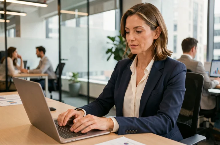 Femme d'affaires analysant des tendances business sur un ordinateur portable dans un bureau moderne en 2024