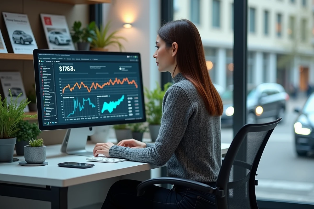 Jeune femme analysant des données automobiles sur son ordinateur