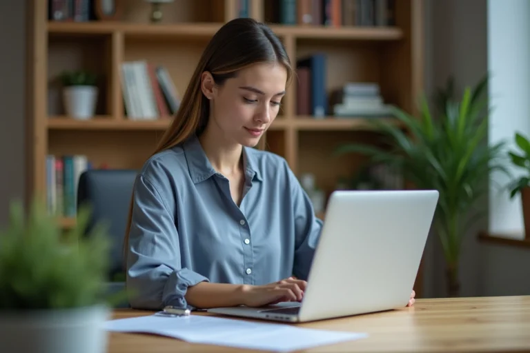 Jeune femme concentrée à son bureau avec un RIB et un ordinateur