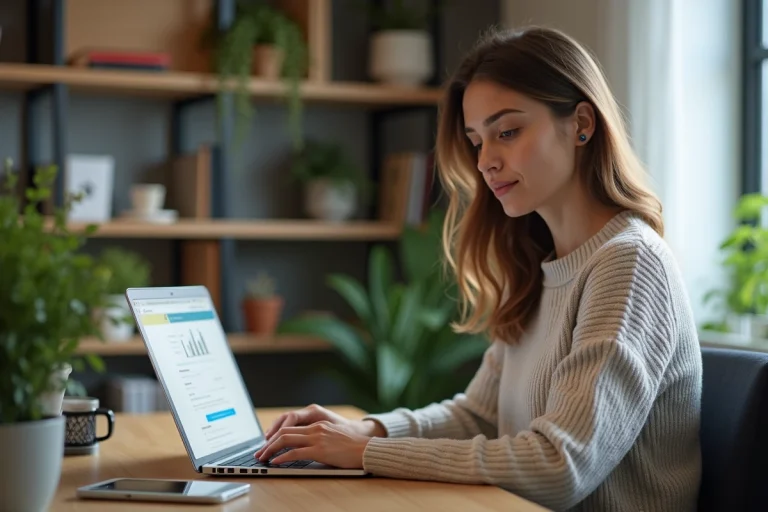 Femme concentrée travaillant sur son ordinateur dans un bureau moderne