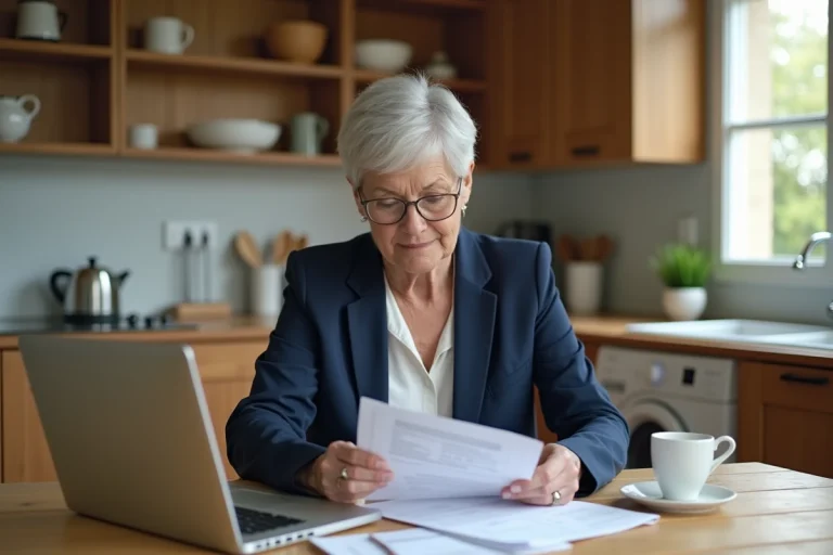 Femme de 58 ans consultant ses documents de retraite sur un ordinateur portable dans une cuisine moderne, planifiant ses revenus pour la retraite à 1700 euros net par mois