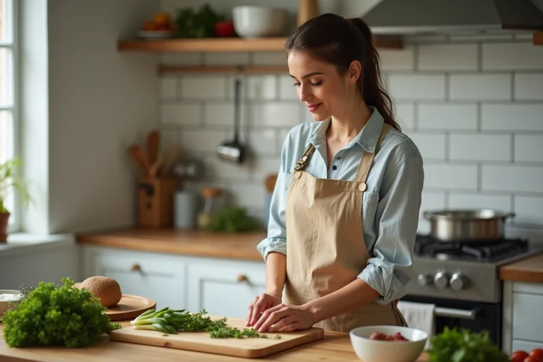 Femme en cuisine coupant des herbes fraîches