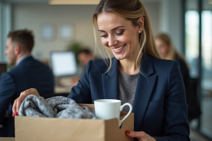 Femme professionnelle souriante déballant un coffret cadeau d'entreprise personnalisé dans un bureau moderne en open space