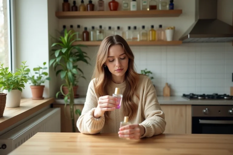 Femme en cuisine compare des échantillons de parfum