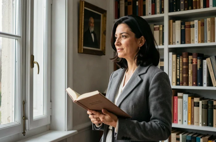 Femme élégante et pensive dans une bibliothèque privée, portrait éditorial en lumière naturelle douce