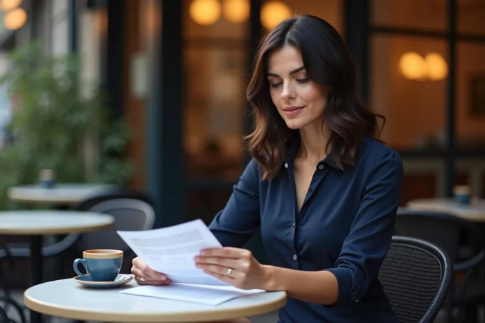 Femme professionnelle et discrète attablée dans un café parisien, portrait élégant et naturel