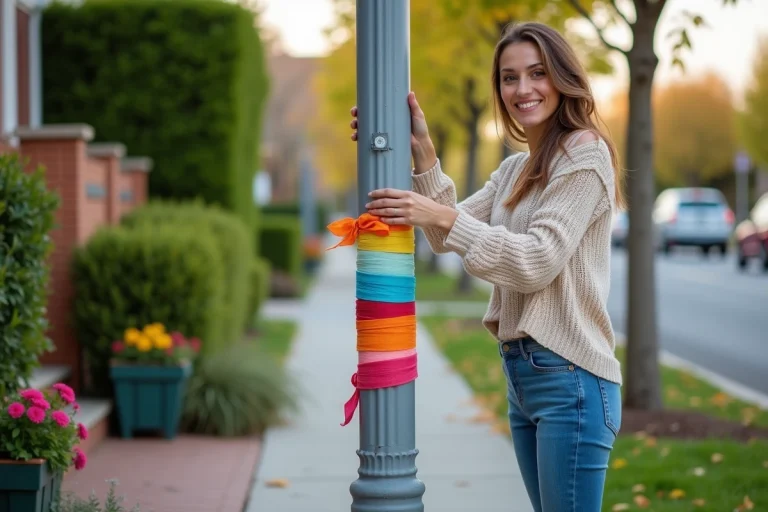 Femme emballant un poteau en béton avec des tissus colorés