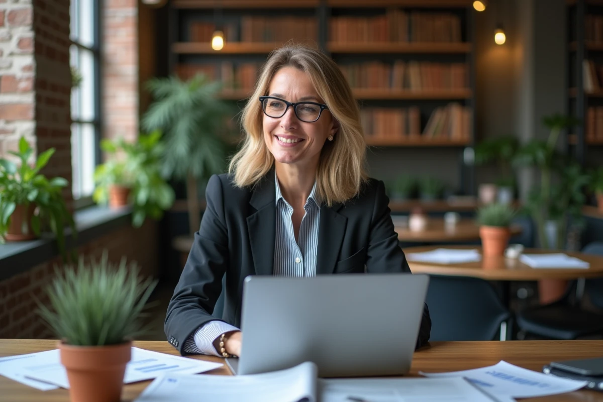 Femme entrepreneure souriante travaillant sur son ordinateur dans un espace coworking