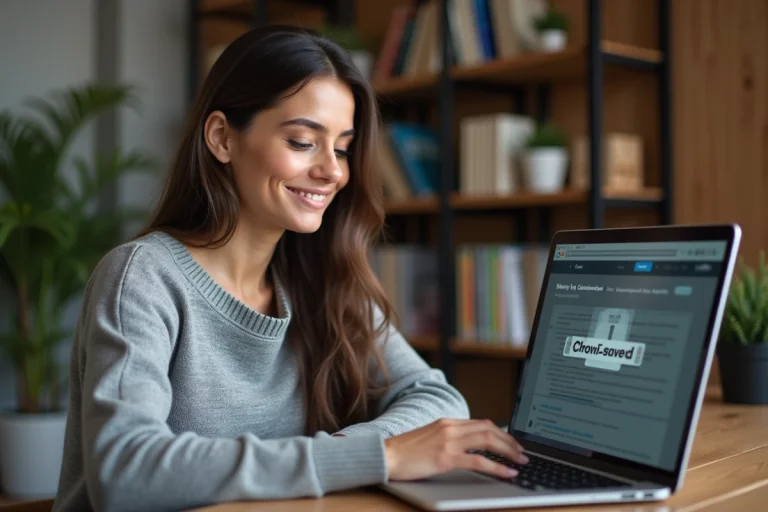 Femme regardant un fichier .crdownload en cours de téléchargement sur Google Chrome depuis son bureau à domicile