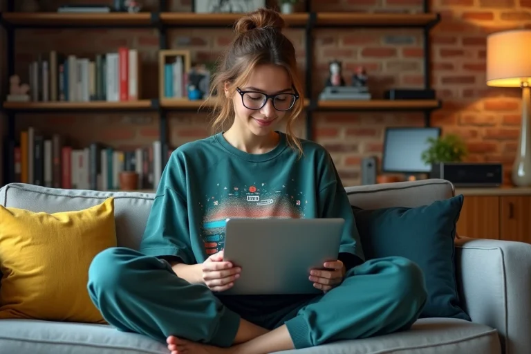 Jeune femme passionnée de culture geek naviguant sur des ressources web lifestyle depuis son salon décoré de figurines et mangas