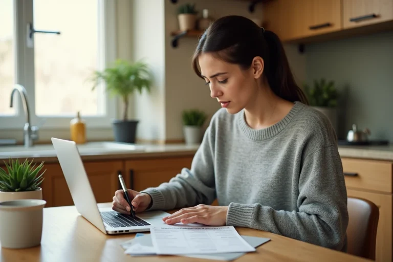 Femme en train de gérer son budget personnel sur un ordinateur portable à une table de cuisine en bois avec des documents financiers