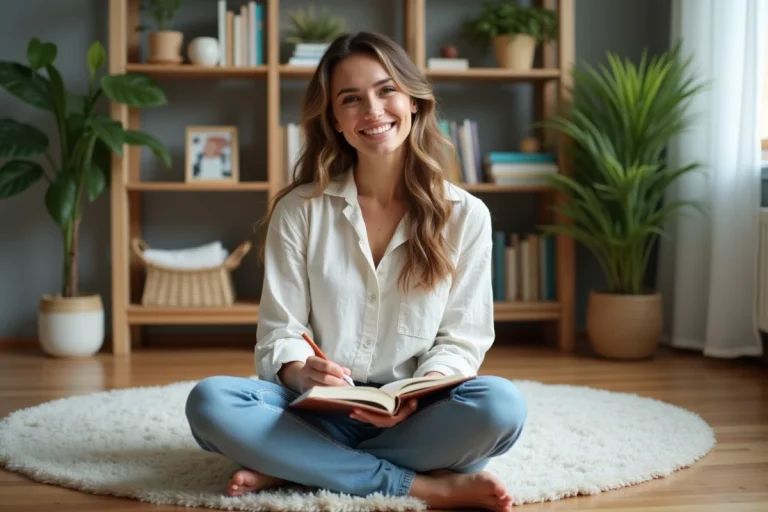 Femme souriante en intérieur faisant du journaling