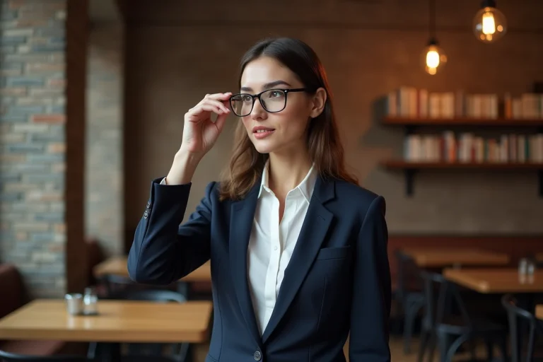 Femme en blazer ajusté ajustant ses lunettes dans un café chaleureux