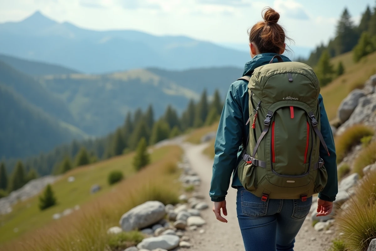 Femme en randonnée avec sac robuste dans paysage montagneux