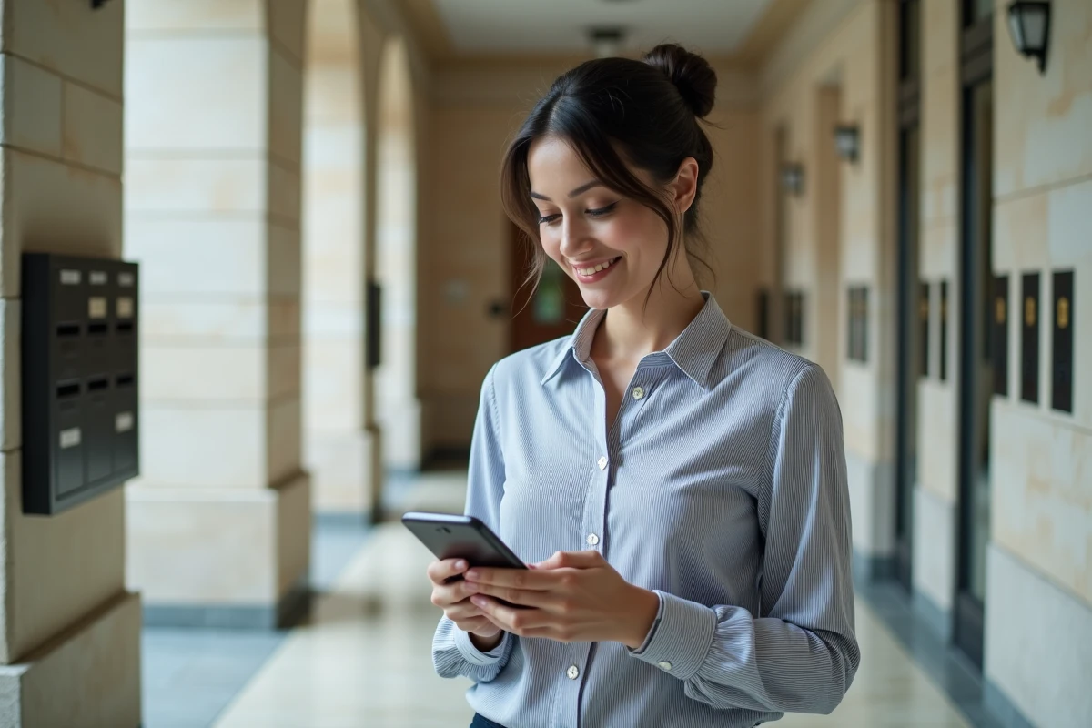 Jeune femme avec smartphone dans un couloir lumineux