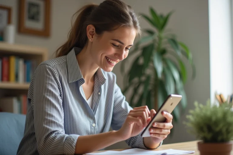 Femme souriante utilisant l'application Vinted à son bureau