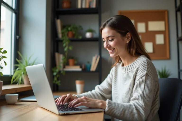 Jeune femme travaillant sur son ordinateur dans un bureau moderne