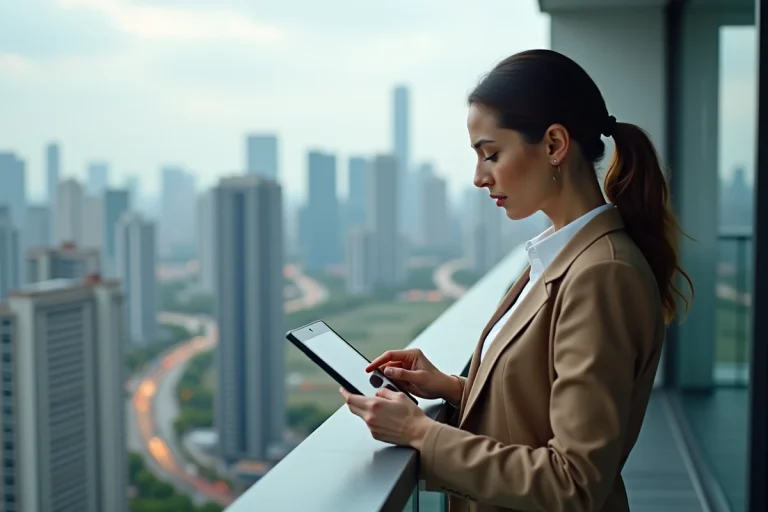 Femme confiante avec tablette sur balcon urbain