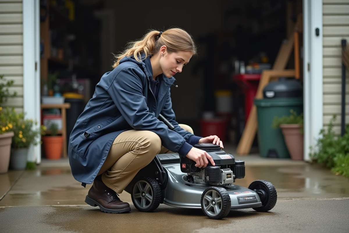 Jeune femme inspectant la tondeuse dans l