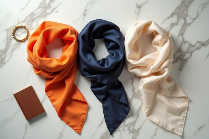 Mise en scène éditoriale de trois foulards gavroche Hermès en soie sur marbre blanc, accompagnés d'un bracelet doré