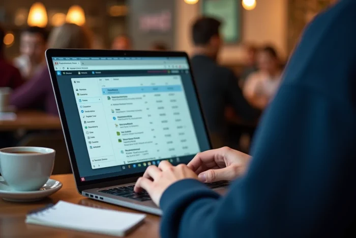 Gros plan sur un fichier crdownload sélectionné dans l'explorateur de fichiers avec menu contextuel ouvert dans un café
