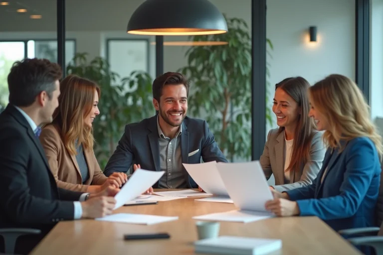Groupe divers d'employes de bureau souriants en réunion