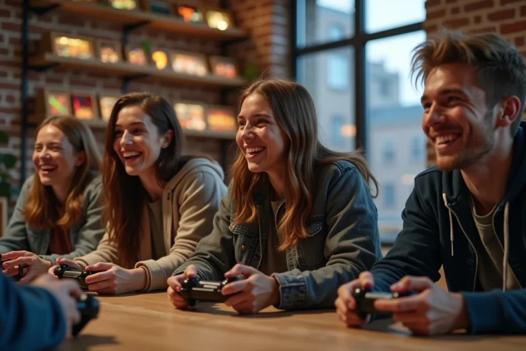 Jeunes adultes jouant à des jeux vidéo dans un loft moderne