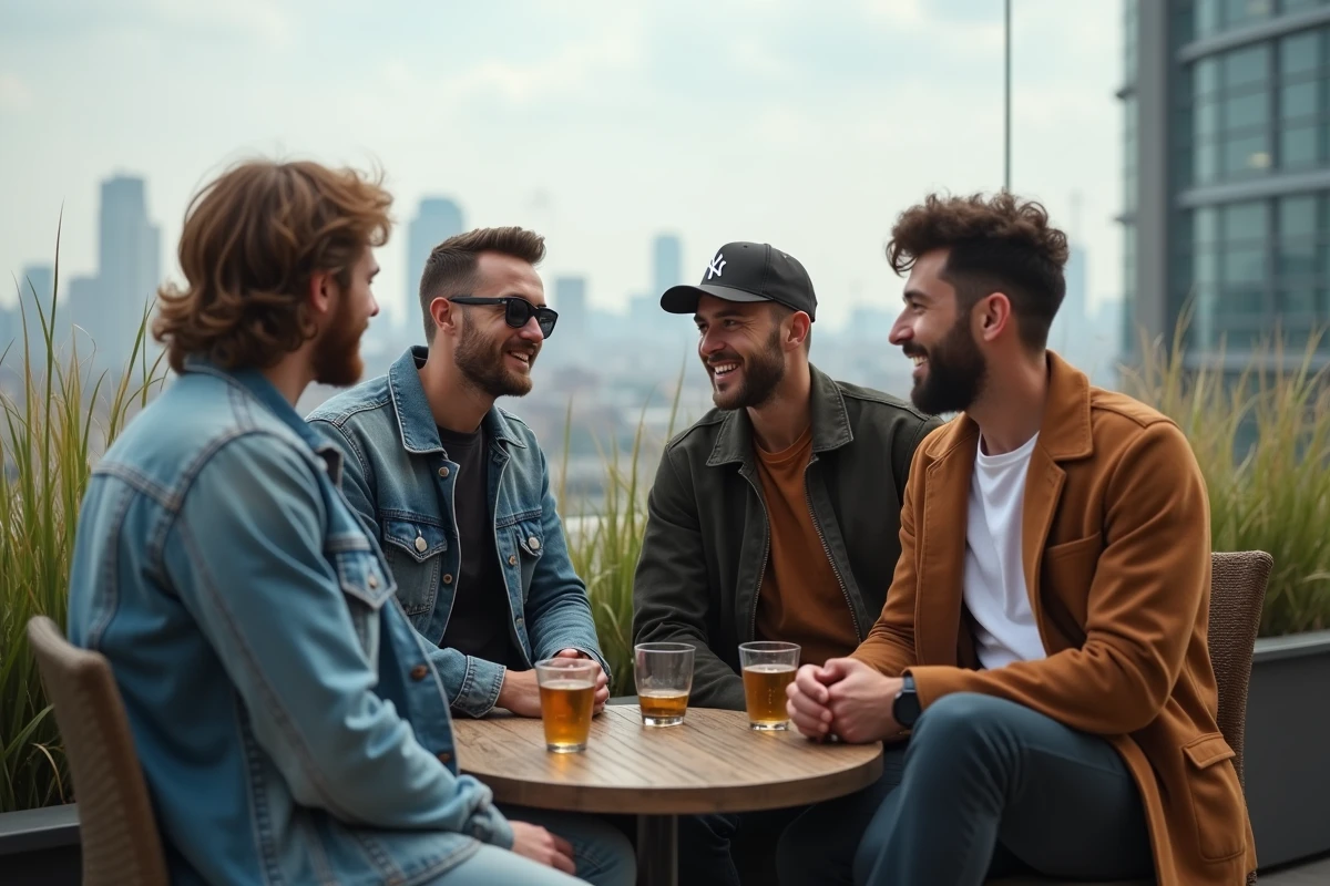 Groupe de jeunes hommes décontractés sur un rooftop urbain