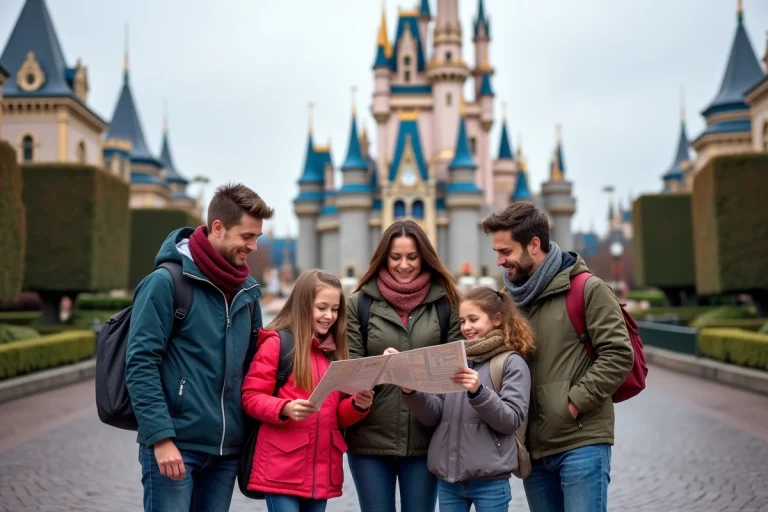 Groupe de visiteurs souriants devant le château de Disney