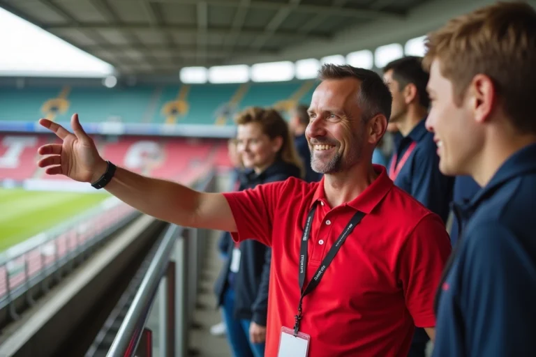 Guide de stade en polo rouge souriant devant les gradins