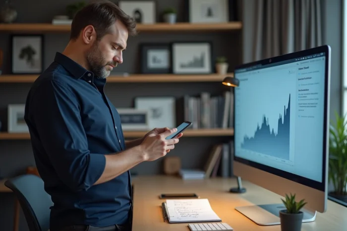 Homme consultant une application de finances personnelles sur son smartphone dans un bureau à domicile moderne et organisé
