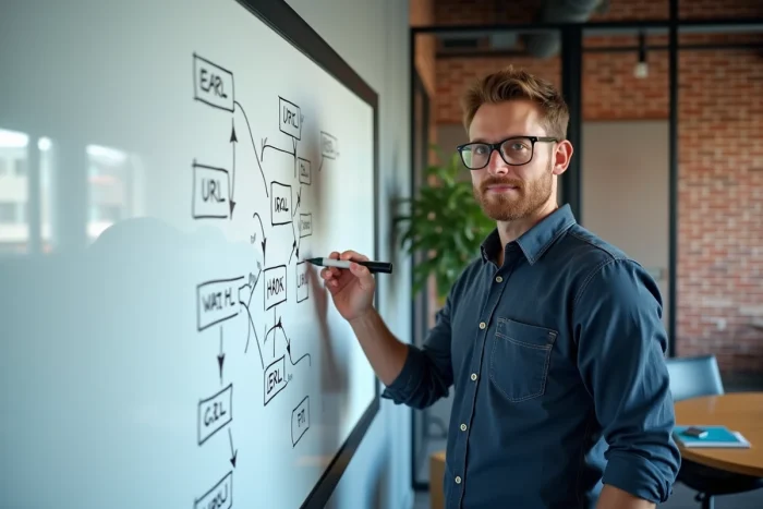 Homme debout devant un tableau blanc avec une arborescence de sitemap dessinée à la main dans une salle de réunion créative