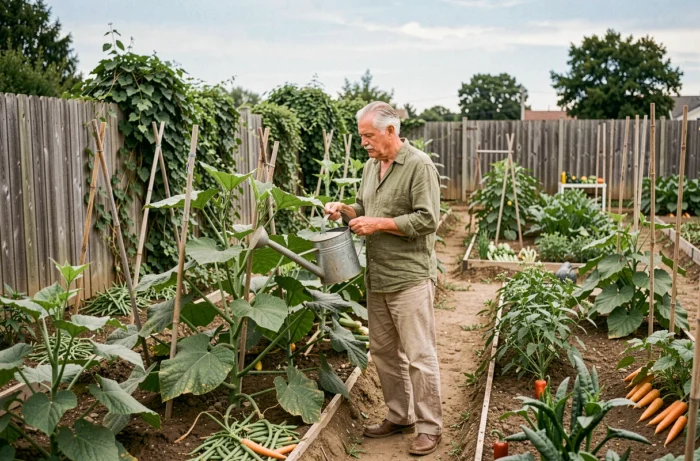 Homme âgé arrosant son grand jardin potager avec des rangées de légumes bien entretenus et une clôture en bois