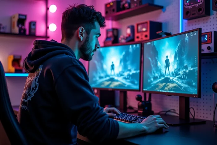 Homme geek concentré sur sa battlestation double écran consultant un blog de culture geek et lifestyle
