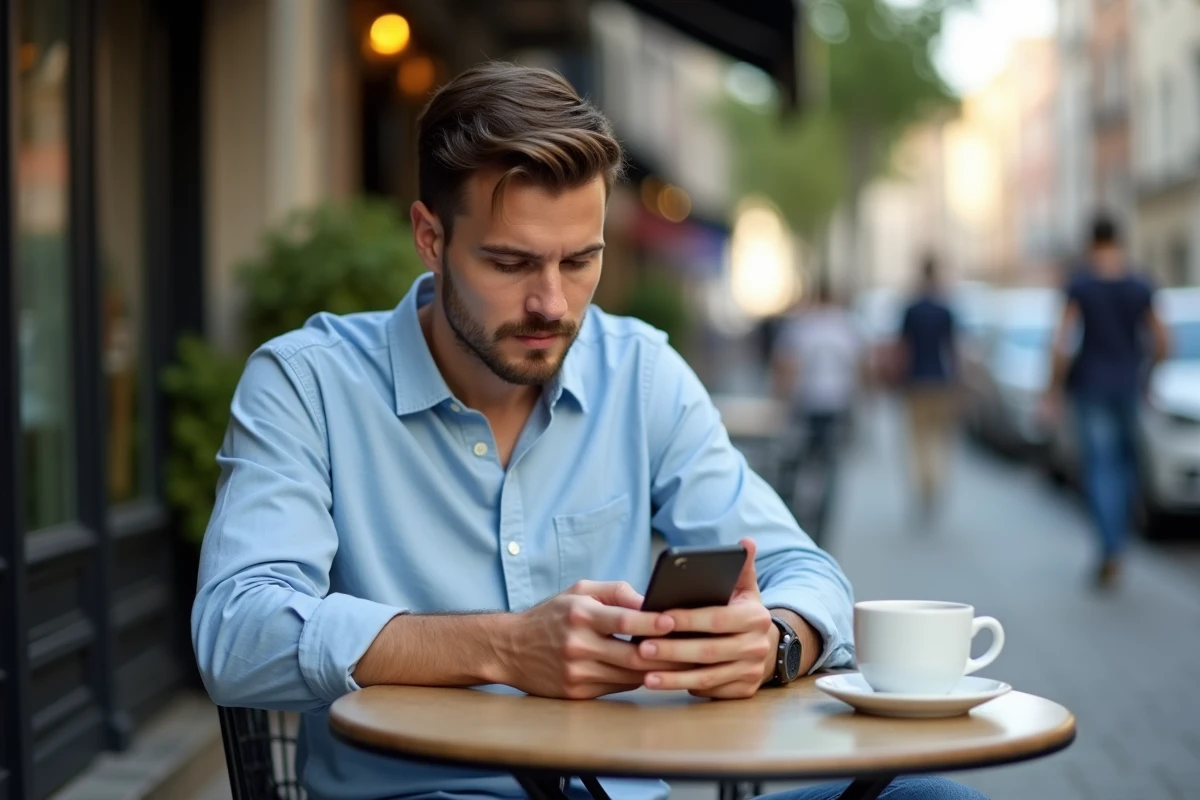 Jeune homme au café regardant son smartphone en ville