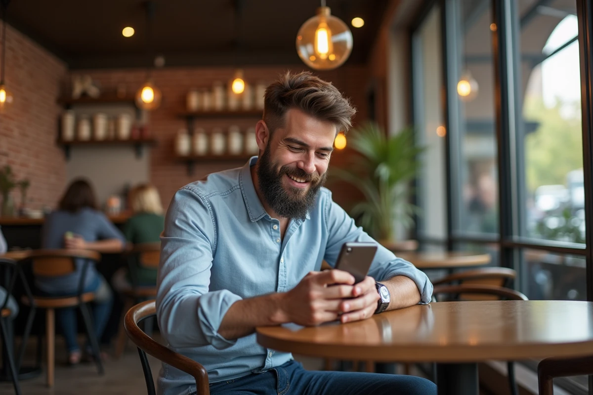 Homme seul souriant avec téléphone dans un café moderne