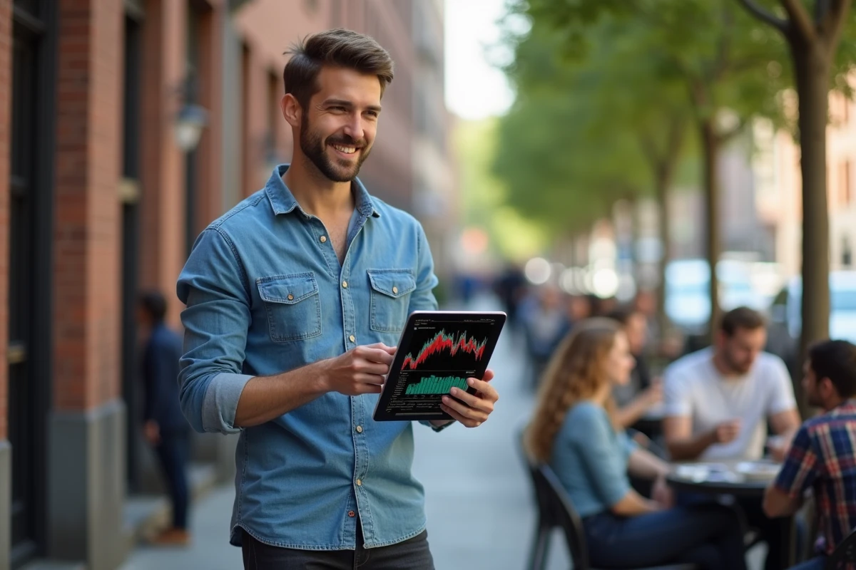 Homme décontracté avec tablette dans un café en ville