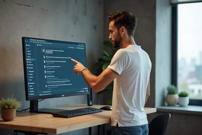 Jeune homme pointant un fichier crdownload dans le gestionnaire de fichiers sur un grand écran de bureau