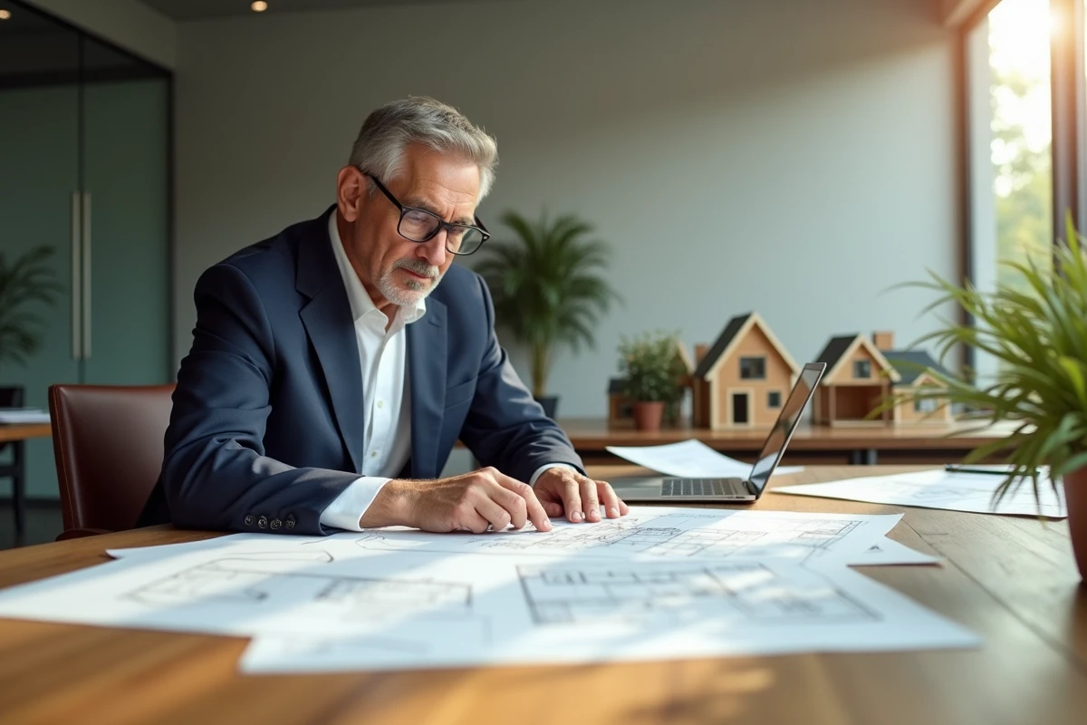 Homme d affaires examine plans dans bureau lumineux