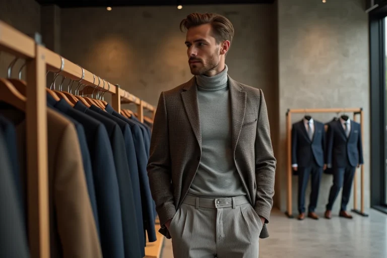 Homme élégant en boutique de mode masculine contemporaine