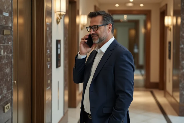 Homme d'âge moyen parlant au téléphone dans un corridor résidentiel
