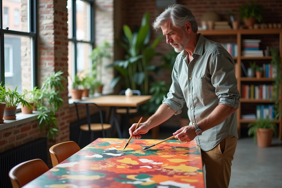 Homme en train de peindre une table dans un loft urbain