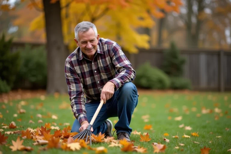 Homme d'âge moyen ratisant des feuilles d'automne dans le jardin