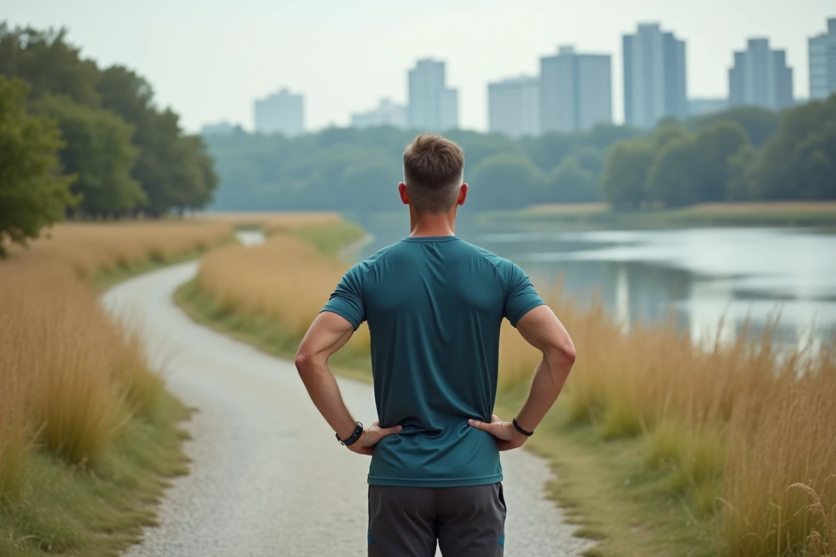 Homme en tenue sportive respirant au bord de la rivière